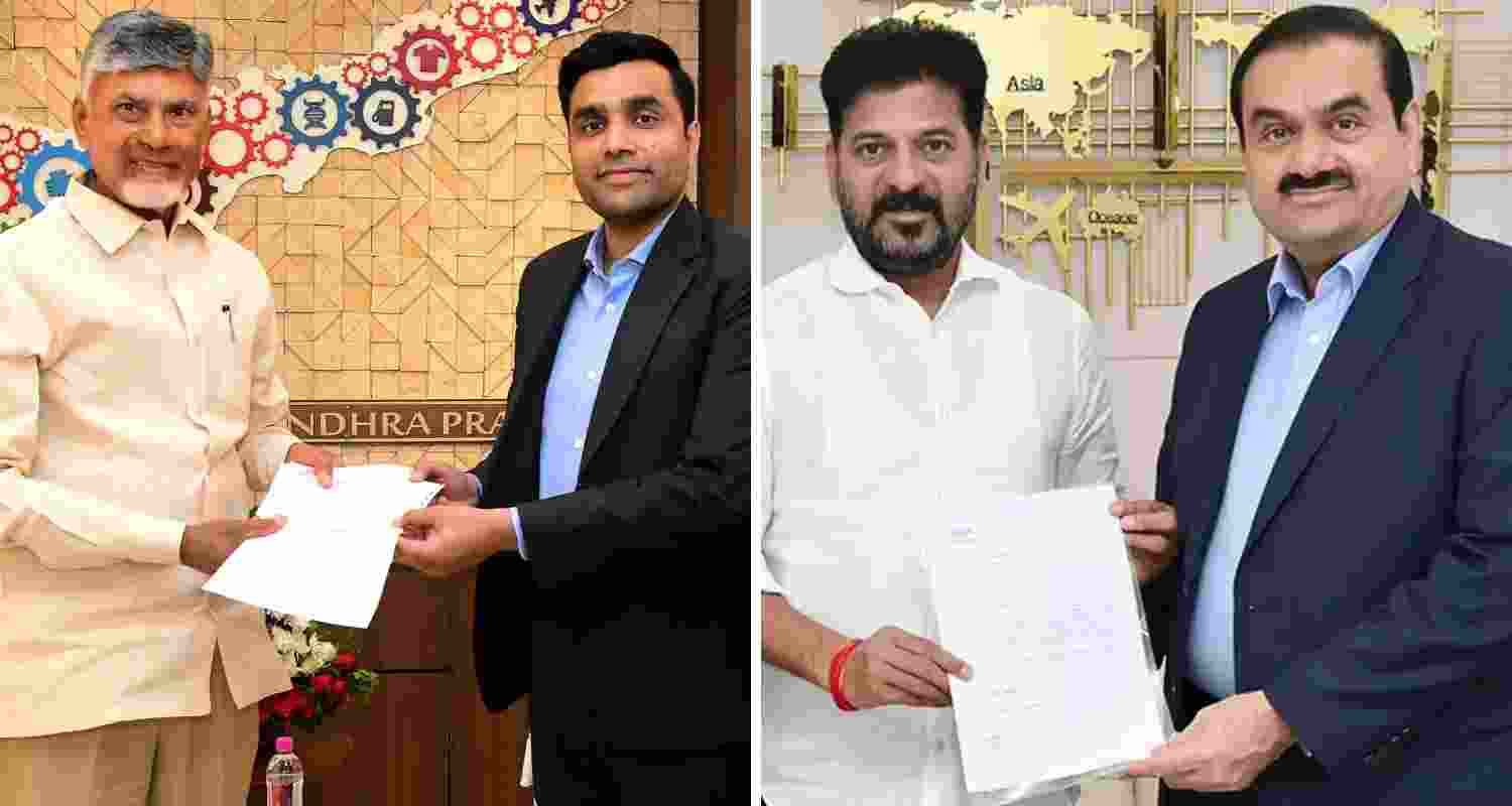 Left: Andhra CM Chandrababu Naidu with Gautam Adani's son Karan Adani. Right: Telangana CM Revanth Reddy with Gautam Adani.