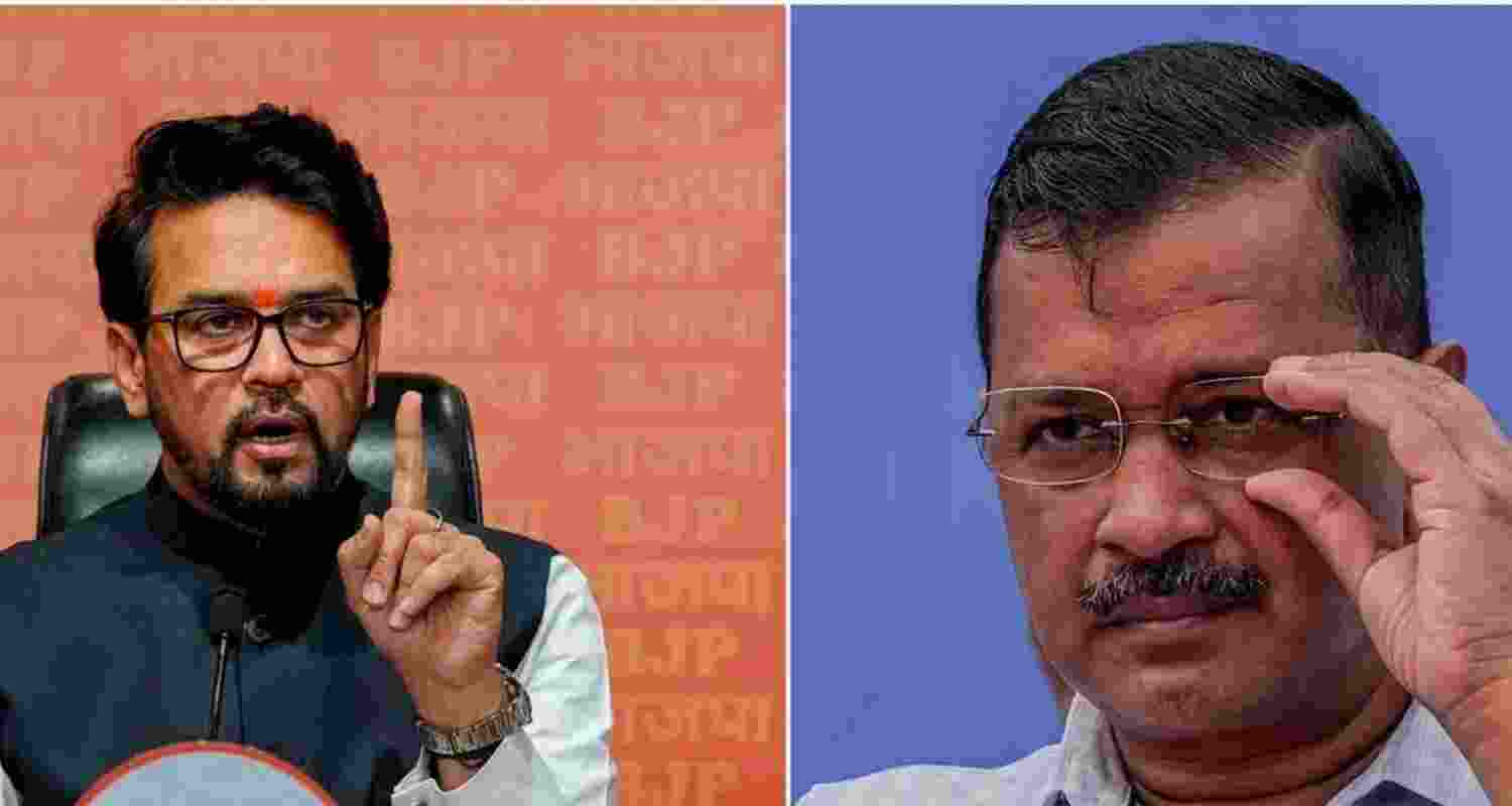 Senior BJP leader Anurag Thakur and AAP national convener Arvind Kejriwal. Image: X