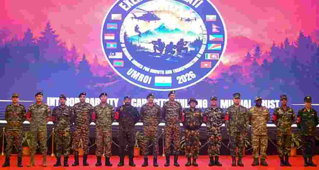 Military commanders from 13 nations stand for a group photograph after the conclusion of the multinational exercise ‘Pragati 2026’ in Umroi, Meghalaya.