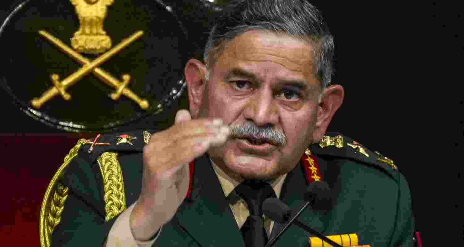 Chief of Army Staff General Upendra Dwivedi addresses a press conference ahead of the '78th Army Day'
