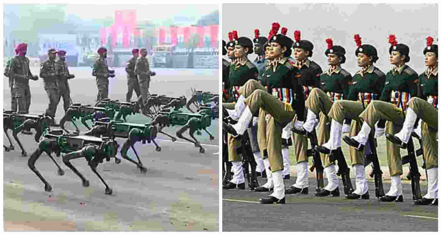 Robotic mules in action (L), an NCC all-women parade (R). 