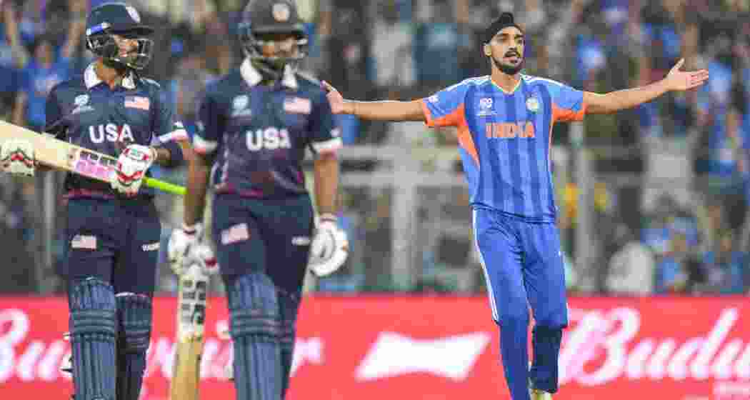  India's Arshdeep Singh celebrates after taking the wicket of USA's captain Monank Patel during the ICC Men's T20 World Cup 2026 cricket match between India and USA, at the Wankhede Stadium, in Mumbai on Saturday