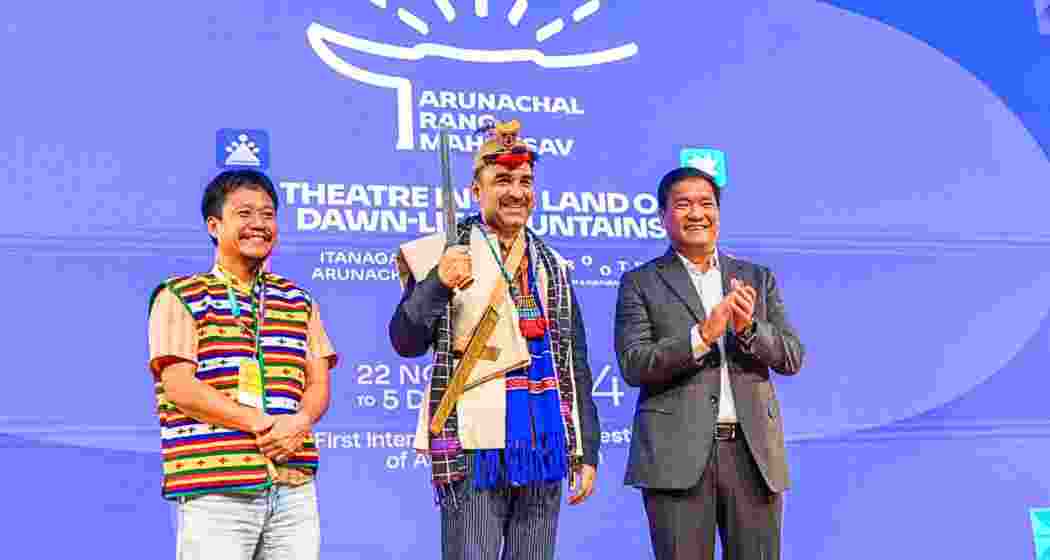 Pankaj Tripathi (C), the newly appointed Festival Ambassador for Arunachal Rang Mahotsav 2024 being greeted by Arunachal CM Pema Khandu (R).