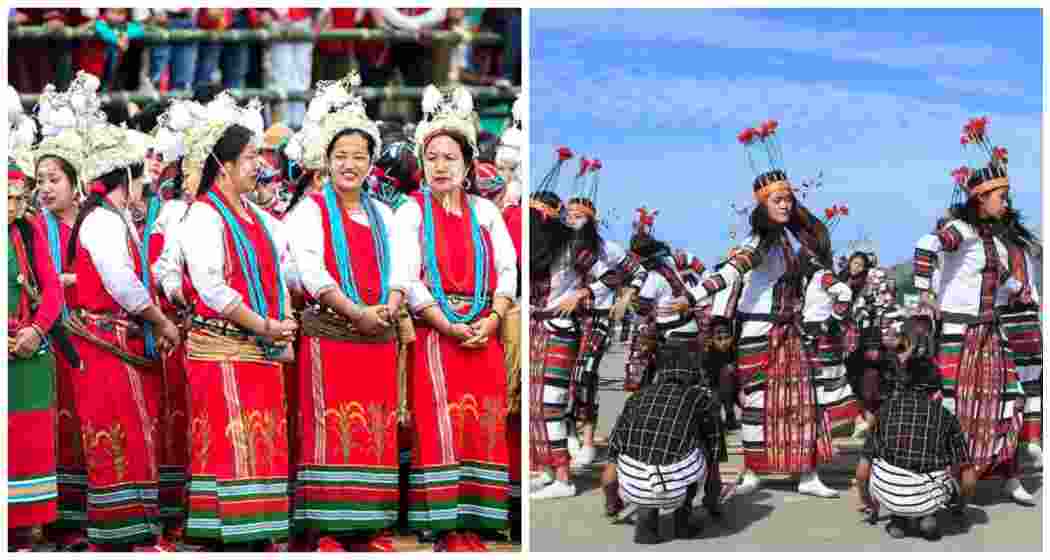 Tribal groups perform traditional dance marking Arunachal Pradesh's 39th Statehood Day celebrations at Indira Gandhi Park, Itanagar (L). Mizo cultural troupes perform traditional dances during Mizoram's 38th Statehood Day celebrations at Lammual ground, Aizawl. (R).