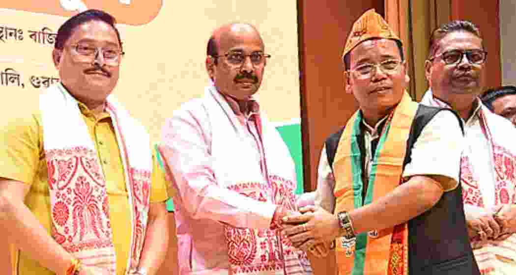 BJP Assam president Dilip Saikia welcomes former ULFA commander Dristi Rajkhowa and other prominent leaders during a formal induction ceremony at the state headquarters in Guwahati on Thursday.
