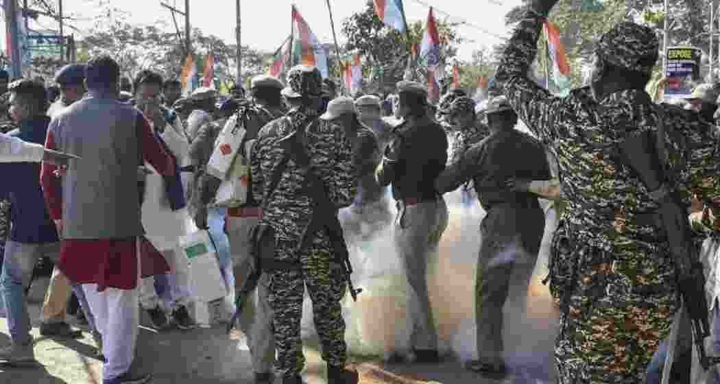 A scene from the protest rally in Guwahati, where police resorted to using tear gas to disperse Congress demonstrators.