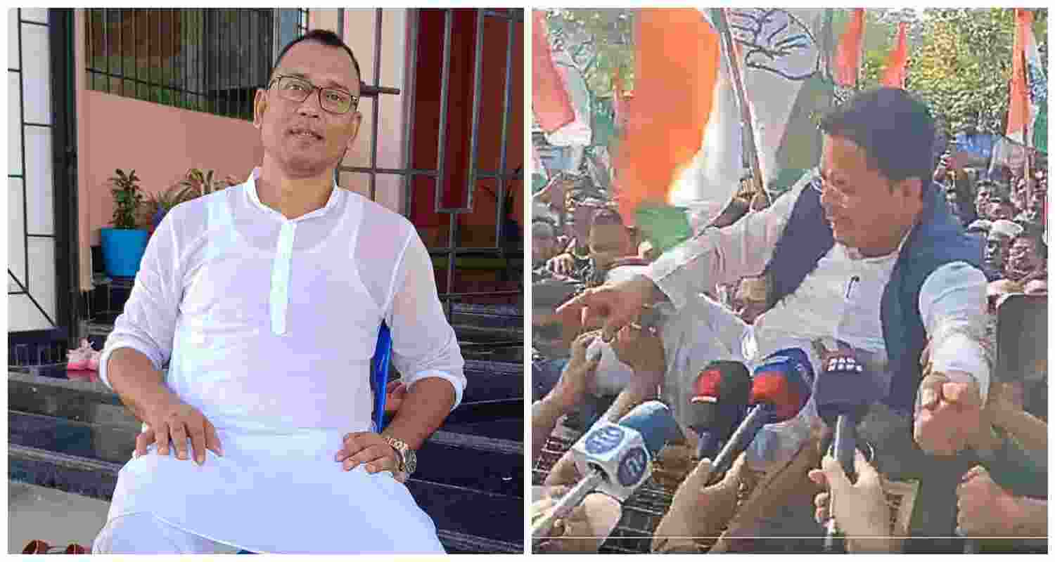 The deceased Congress worker (L) and Assam Congress Chief Bhupen Bora being tossed by party workers as they attempt to break through the barricade during the protest in Guwahati (R).