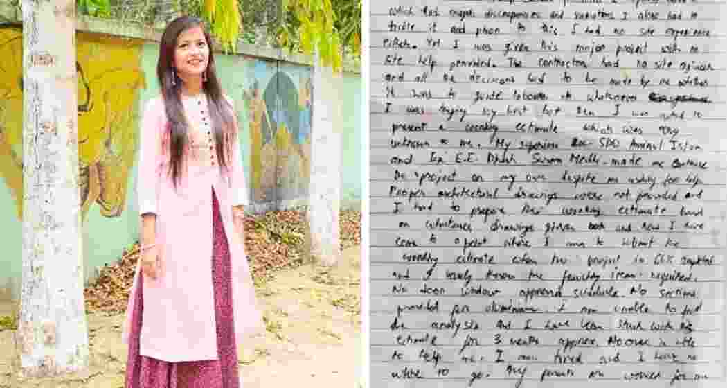(In picture) The assistant engineer who allegedly died by suicide and the note recovered from her apartment in Bongaigaon, where she accused two senior PWD officials of workplace harassment.