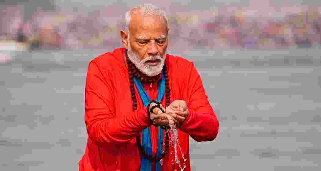 Prime Minister Narendra Modi taking a dip at the Triveni Sangam during the Maha Kumbh mela in Uttar Pradesh's Prayagraj. 
