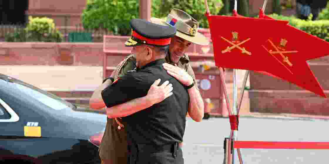 A warm embrace between Australian Army Chief Lt General Simon Stuart and Chief of Army Staff General Upendra Dwivedi as Lt General Stuart arrived in New Delhi on Monday.