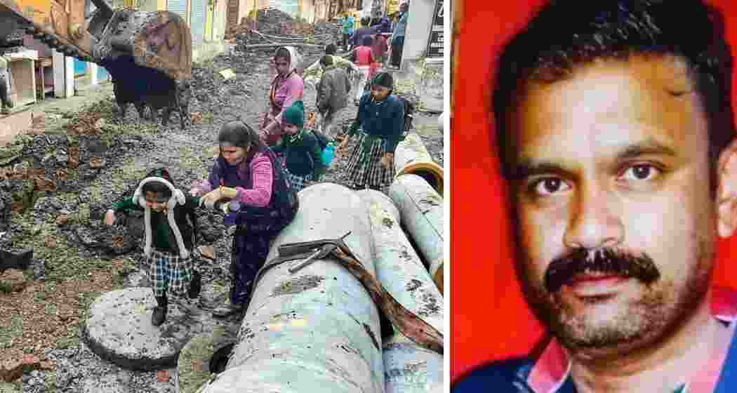 School students make their way through the debris amid the pipeline and drainage work undertaken after of deaths caused by consumption of contaminated water in the Bhagirathpura area of Indore, Madhya Pradesh. A 50-year-old e-rickshaw driver (R) has died in Indore’s Bhagirathpura area, where a diarrhoea outbreak linked to contaminated drinking water has been reported. 