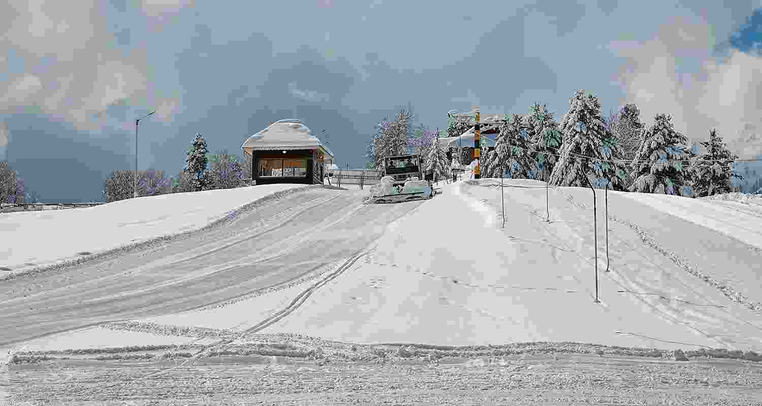 Gulmarg Ski Resort covered in snow after fresh snowfall in Baramulla on Wednesday.