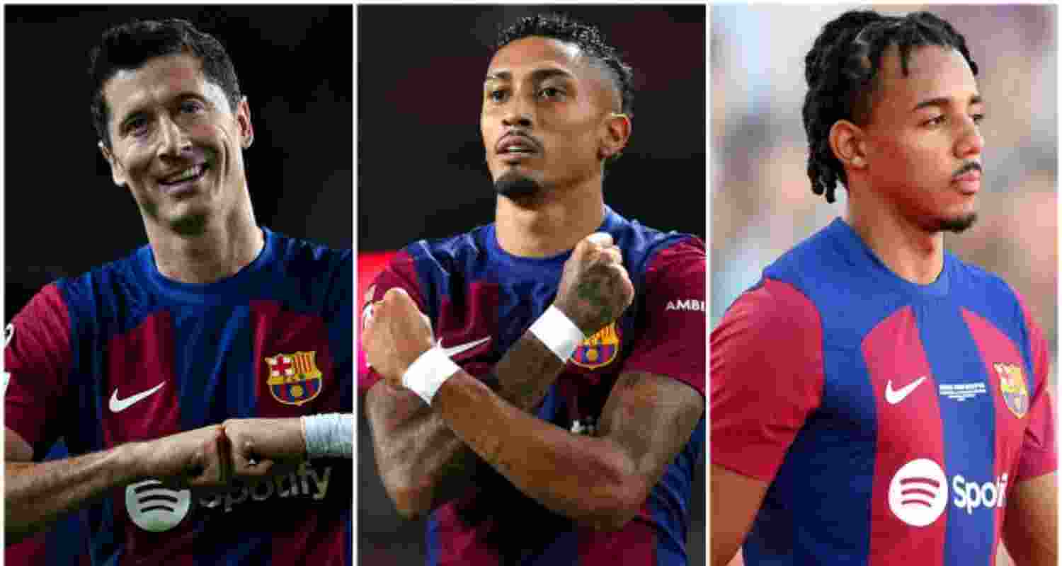Robert Lewandowski, Raphinha, and Kounde. Images via FC Barcelona.