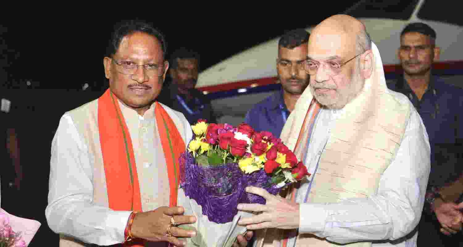 Chief Minister of Chhattisgarh Vishnu Deo Sai welcomes Union Home Minister Amit Shah in Raipur to participate in the fair of ‘Bastar Dussehra’, the symbol of culture and harmony, in Jagdalpur, Chhattisgarh.