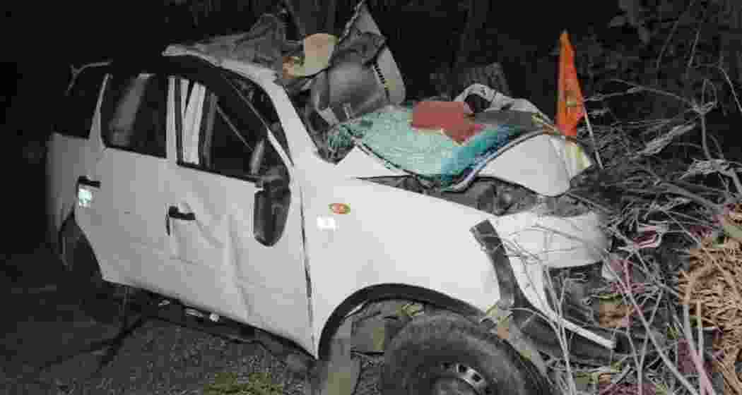 Wreckage of the vehicle involved in a fatal accident near Kulti on NH-19, where two persons lost their lives and six others sustained serious injuries while travelling to the Maha Kumbh.

