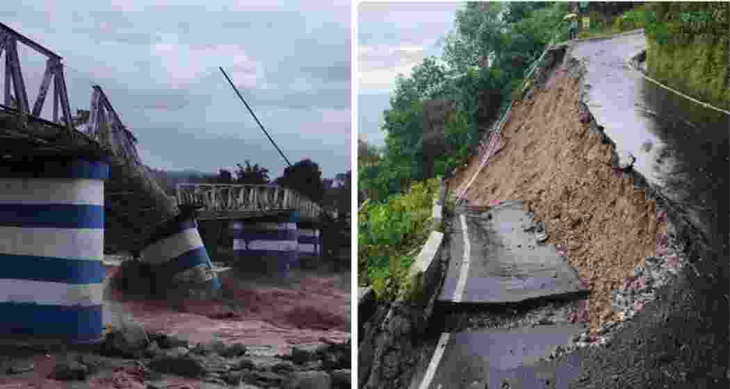 A bridge connecting Siliguri via Mirik to Darjeeling in Dudhiya (L), was damaged by heavy river water, disrupting connectivity, while roads in the hills were washed out by torrential rains and landslides (R).