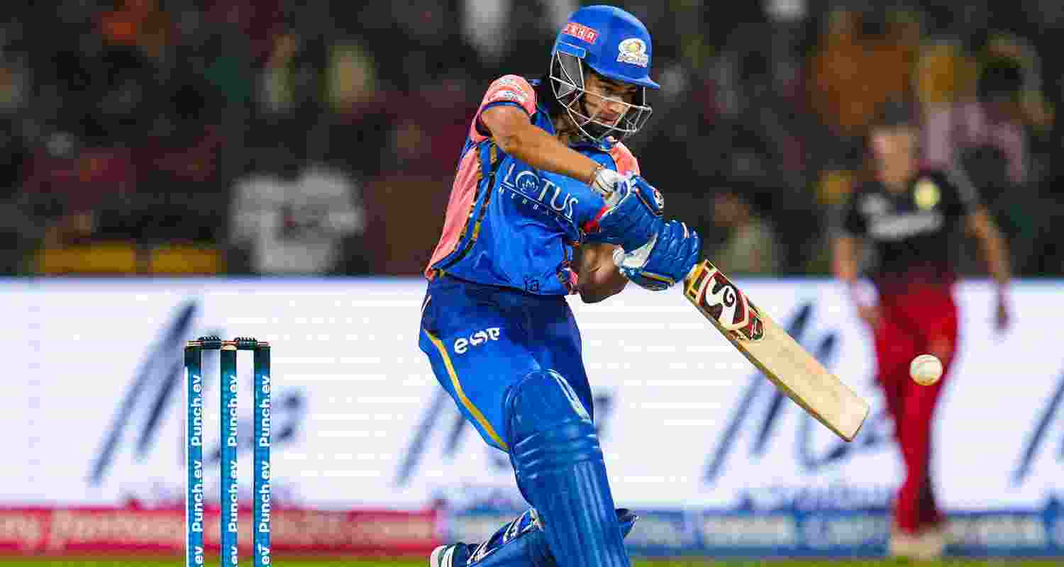 Mumbai Indians Batswoman Yastika Bhatia hits a ball for six.