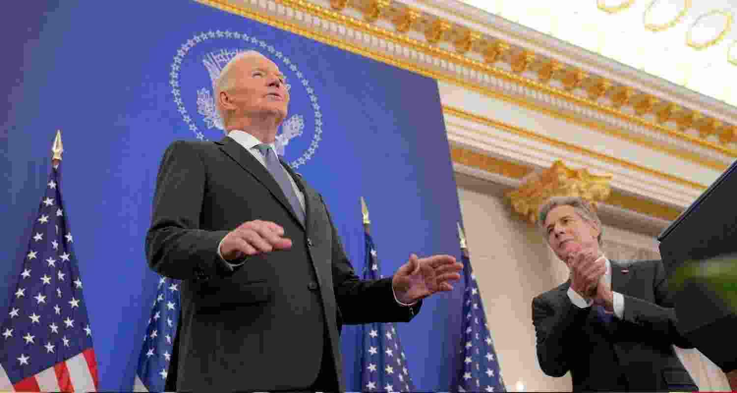 US President Joe Biden at the US state department before an address.