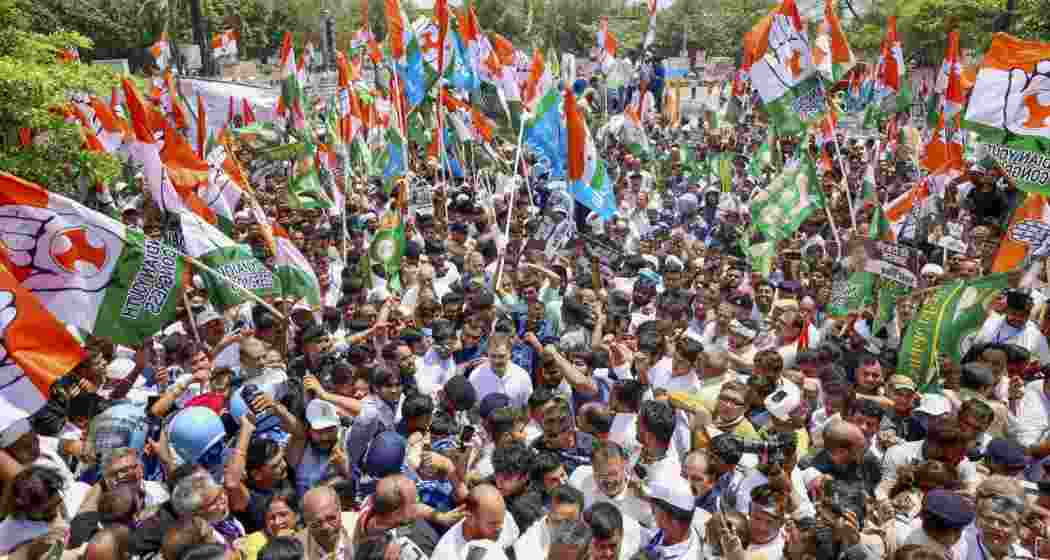 LoP in the Lok Sabha and Congress leader Rahul Gandhi takes part in a protest rally during 'Bihar bandh' called by the INDIA bloc against Special Intensive Revision in the state, in Patna, Bihar on Wednesday.
