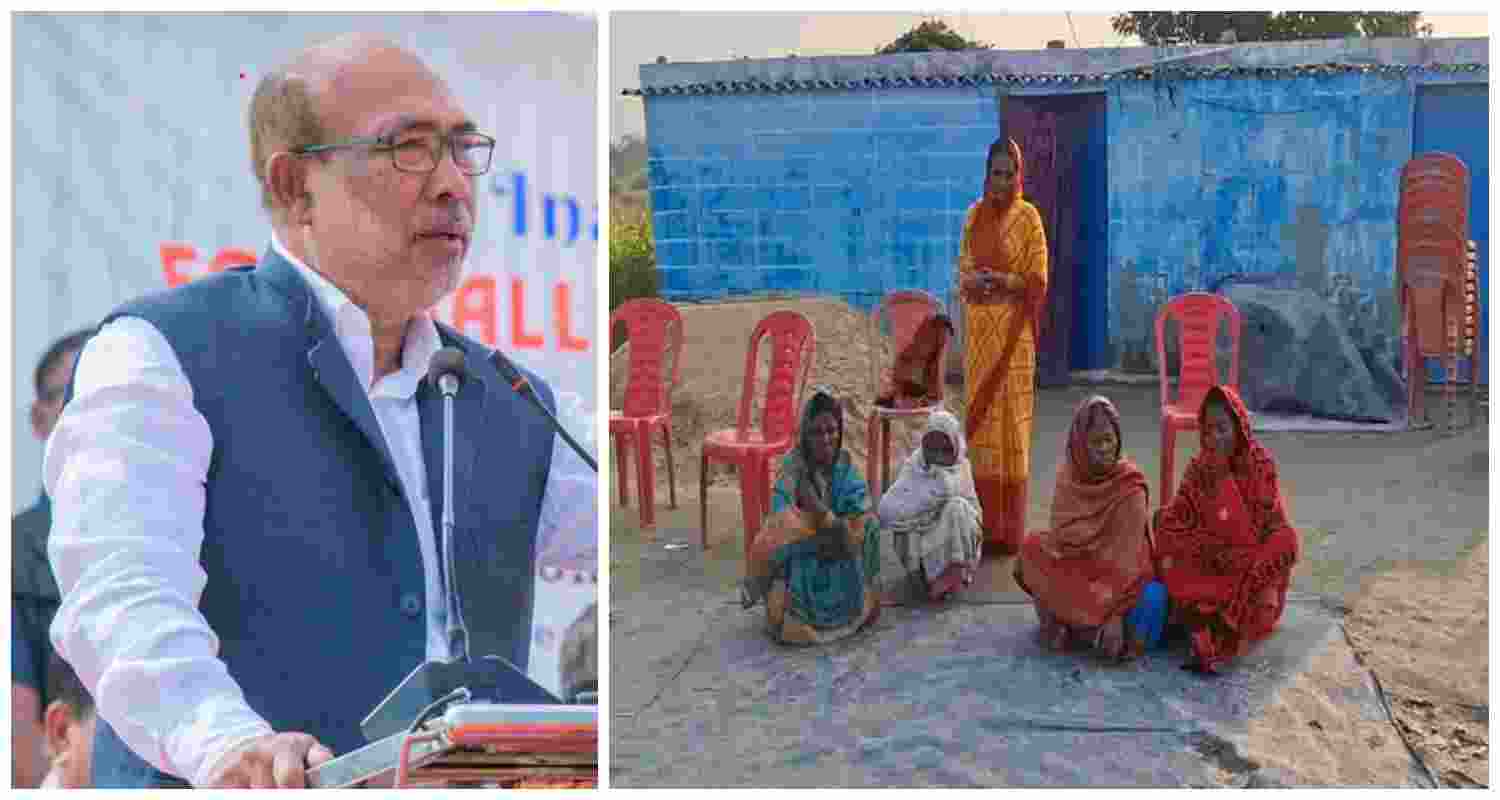 Manipur CM N Biren Singh (L), family members of the dead in Manipur mourn the loss in Bihar (R).