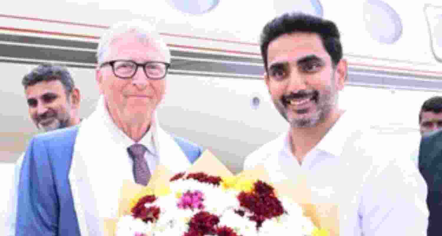 Bill Gates arrives in Amaravati, Andhra Pradesh. State's Minister Nara Lokesh welcomed him at Gannavaram Airport. 