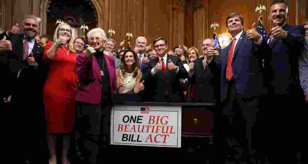 House Speaker Mike Johnson and other Republican members after the signing of President Donald Trump's sweeping bill, in Washington, D.C., July 3, 2025.