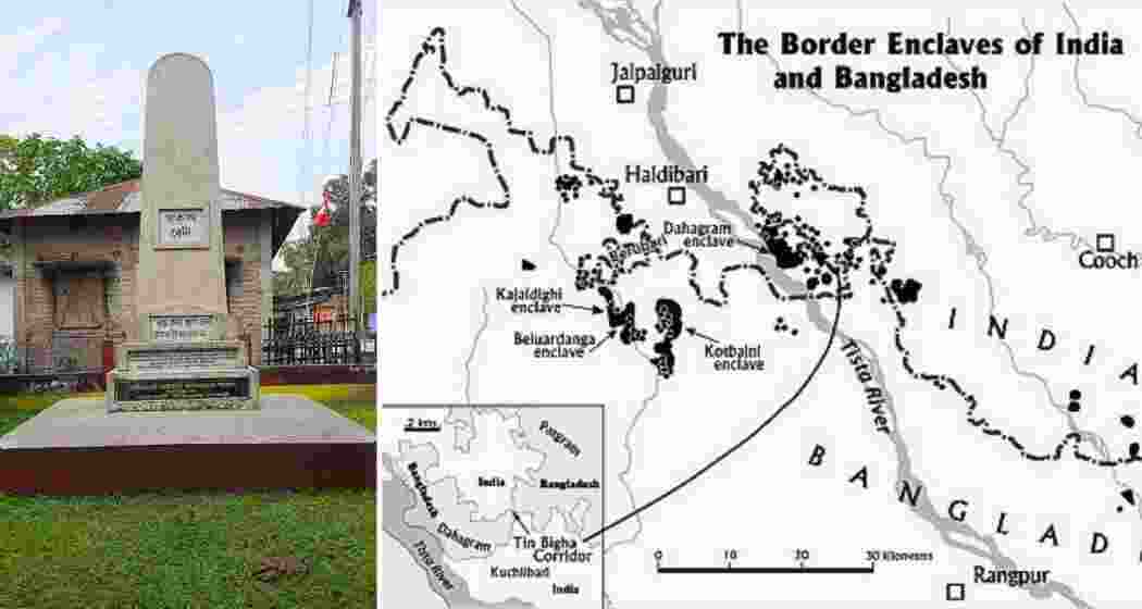 The Sankalp Bedi in Berubari village (L); map showing its strategic location on the India–Bangladesh border (R), where land rights and national security hang in limbo.