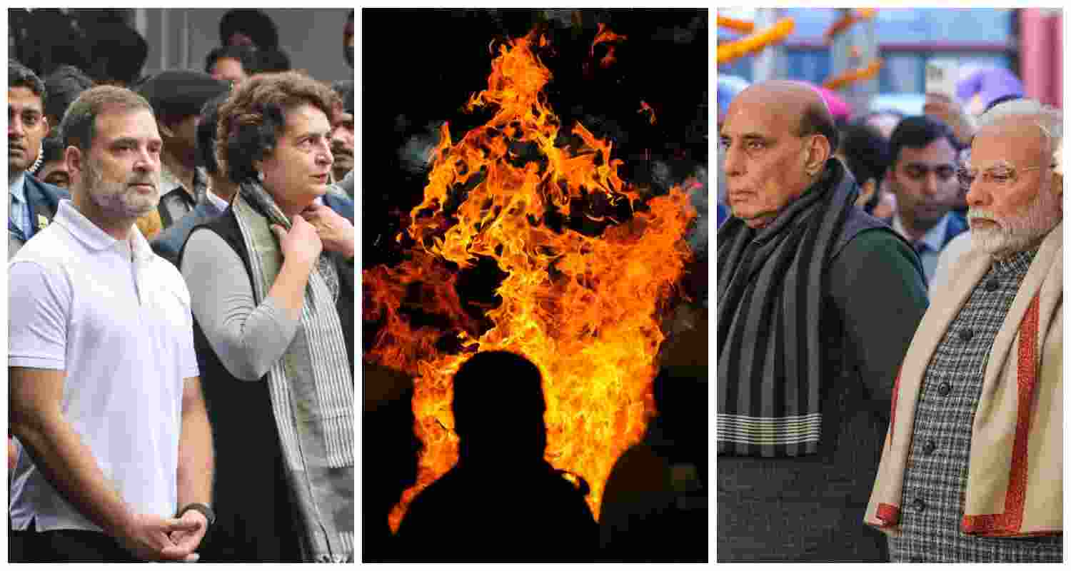 Congress leaders Rahul Gandhi and Priyanka Gandhi Vadra at party headquarters to receive the mortal remians of former PM Manmohan Singh, in New Delhi on Saturday, Dec. 28, 2024 (L). Singh being cremated, at the Nigam Bodh Ghat (C), PM Narendra Modi and Defence Minister Rajnath Singh during the state funeral of Manmohan Singh, at the Nigambodh Ghat, in New Delhi (R).