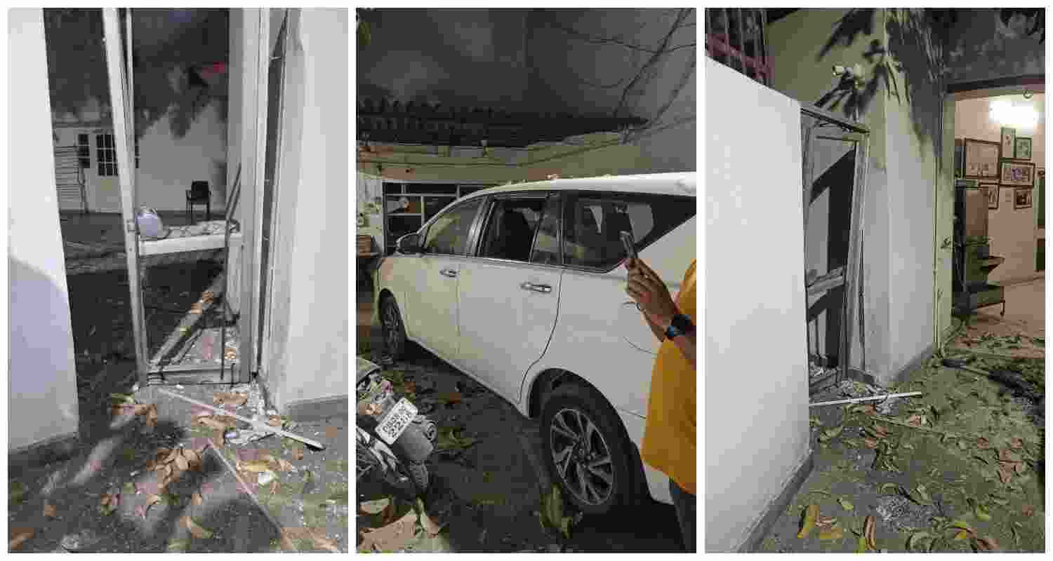 Visuals from the blast spot at BJP leader Manoranjan Kalia’s residence in Jalandhar, where an explosion was reported in the early hours of Tuesday. Police and forensic teams are investigating.