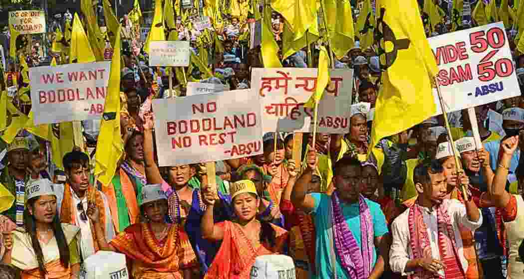 Bodo activists demonsatrating at Jantar Mantar, New Delhi, demanding a separate Bodoland state, a Bodo Regiment in the Indian Army, and greater recognition of their cultural and social rights.