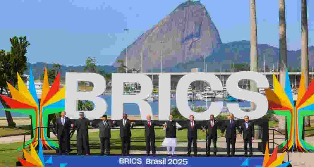 Leaders of BRICS nations pose for the official photograph. 