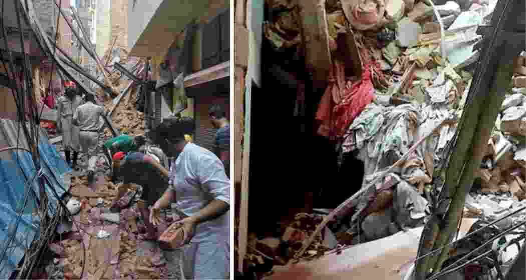 Locals assist rescuers in Seelampur after a four-storey residential building collapsed early Saturday morning, trapping several residents under rubble and sparking a full-scale emergency response.