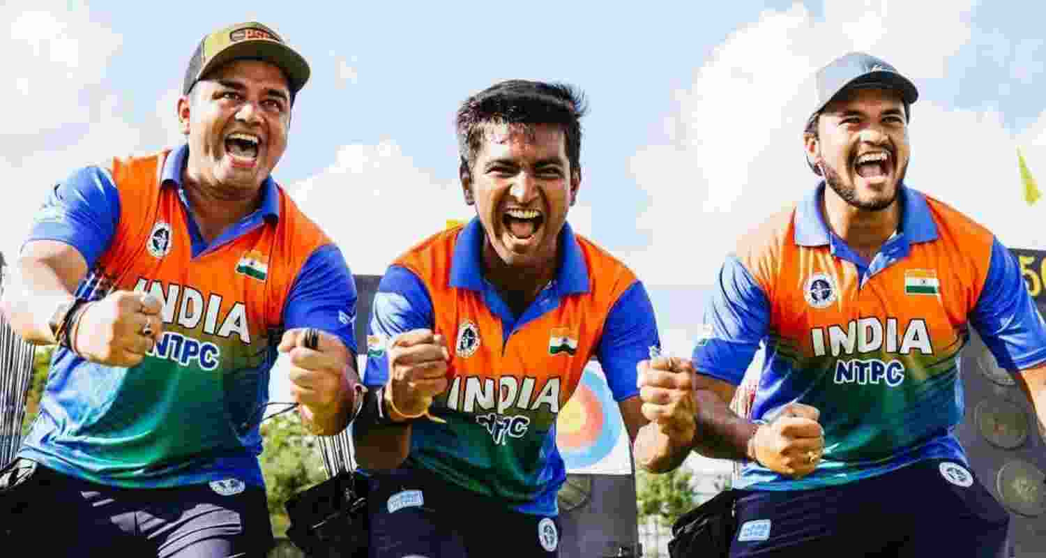 Rishabh Yadav, Prathamesh and Aman Saini celebrate their win at the World Archery Championship.