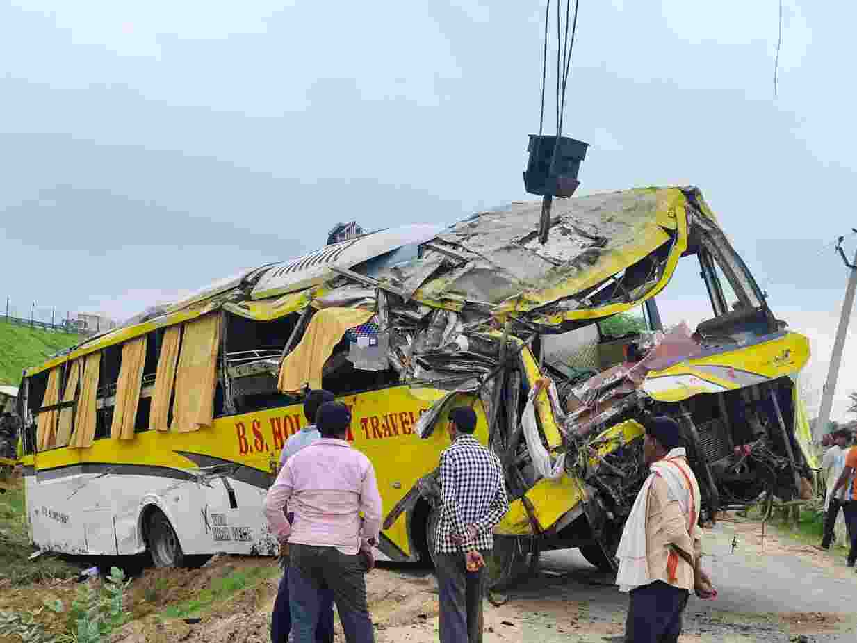 The bus with a Nagaland number plate was on its way to Delhi from Rae Bareli when at around 12.45 am it collided with a car coming from the wrong lane, a police official has said.