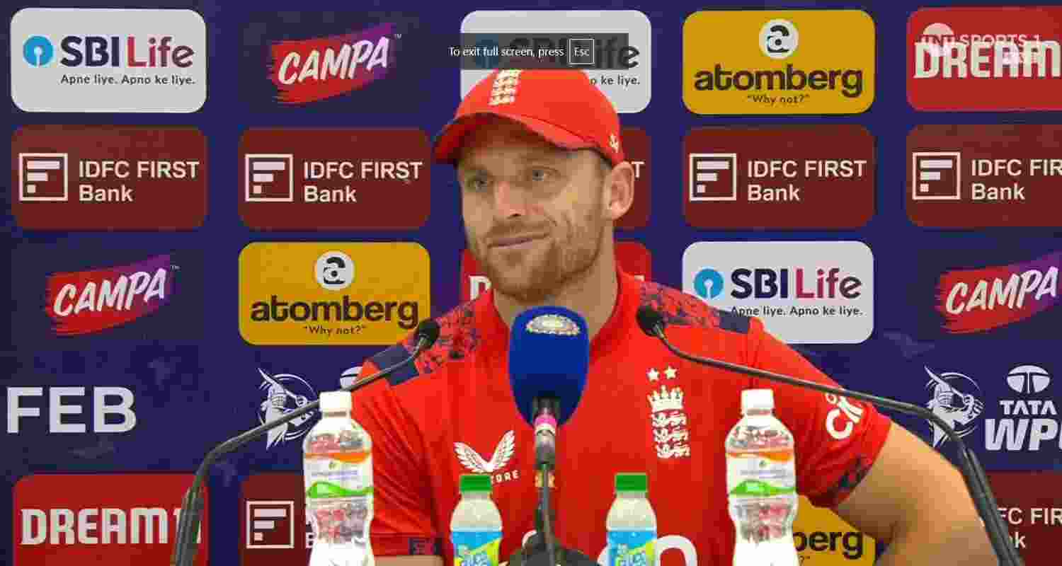 England skipper Jos Buttler speaks to reporters at the post match conference.