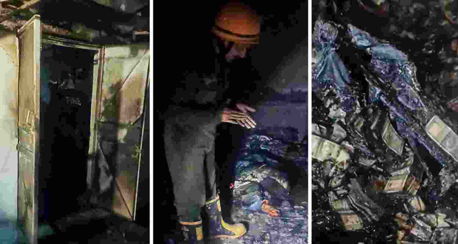 A videograb released by the SC on March 22, the entrance of the storeroom, left, where cash was allegedly discovered, right, during a firefighting operation at Delhi High Court judge Yashwant Varma’s house on the night of Holi, in New Delhi. 