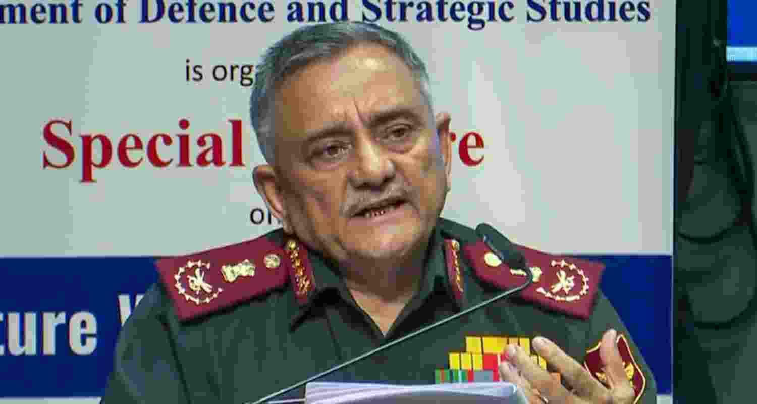 Chief of Defence Staff General Anil Chauhan delivers a lecture on 'Future Wars and Warfare' at Savitribai Phule Pune University, in Pune, Maharashtra, Tuesday.