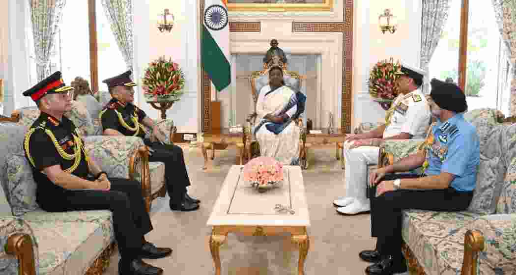 Chief of Defence Staff General Anil Chauhan with Chief of Army Staff General Upendra Dwivedi, Chief of Naval Staff Admiral Dinesh K. Tripathi, and Air Chief Marshal A.P. Singh during the briefing to President Droupadi Murmu.