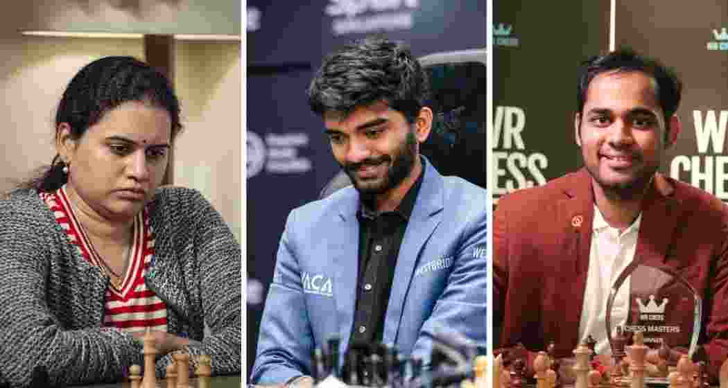 File photos of Koneru Humpy, D Gukesh and Arjun Erigaisi. (Image: X/FIDE)