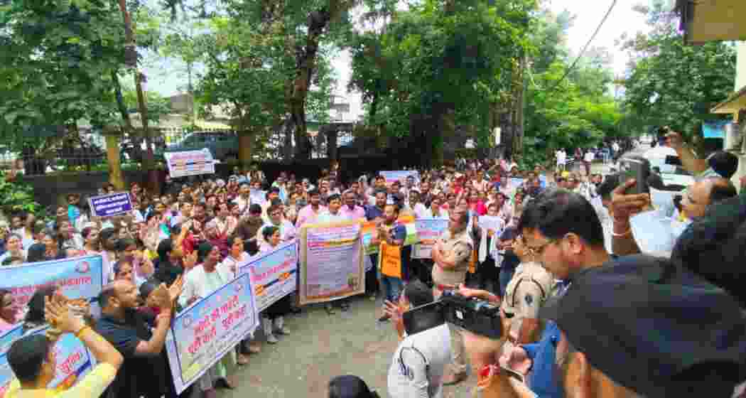 Contractual NHM employees protest in Raipur, Chhattisgarh.
