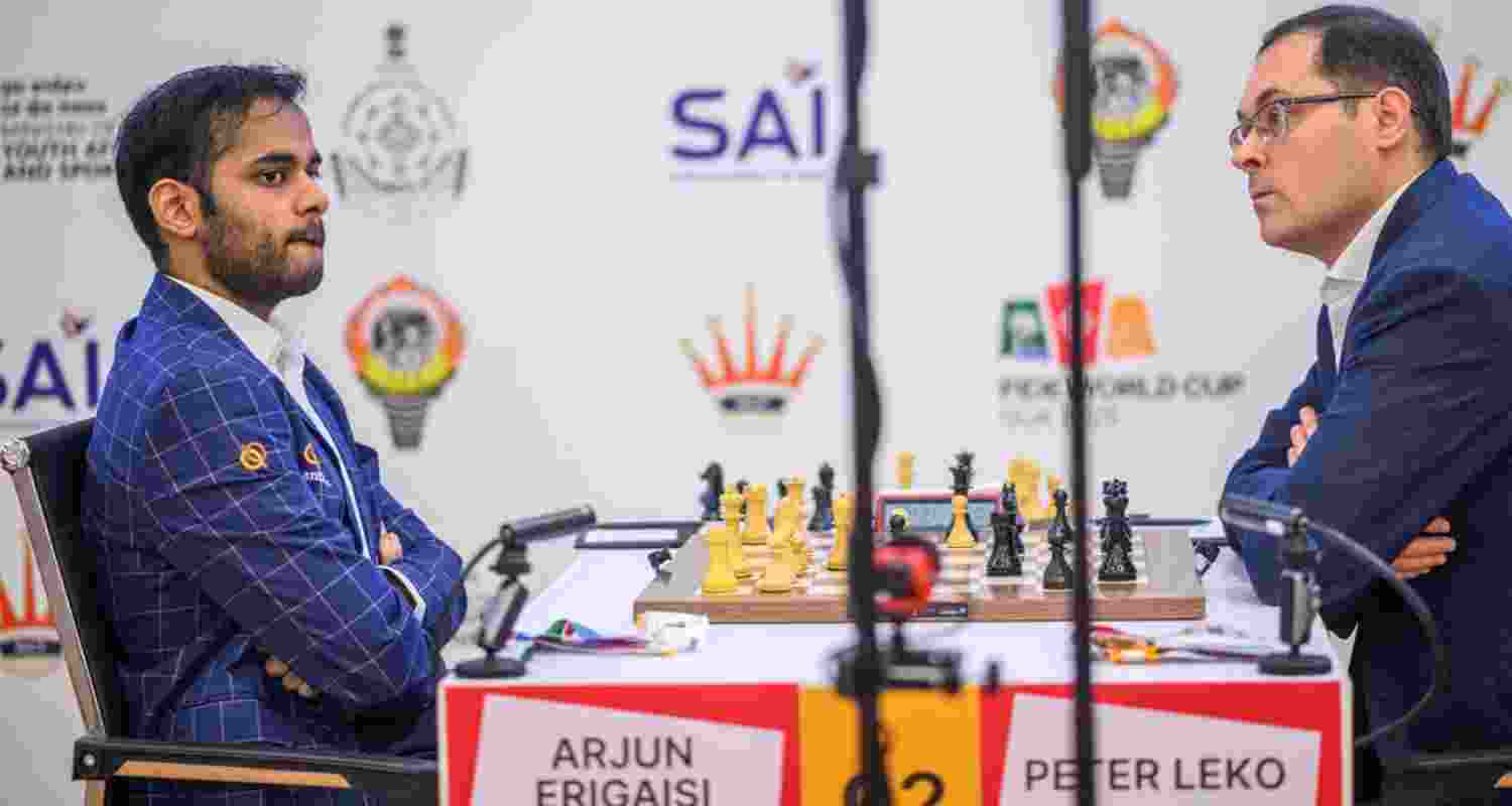 Grandmaster Arjun Erigaisi and GM Peter Leko during their second game of Round 4 at the FIDE World Cup chess tournament in Panaji on Wednesday.