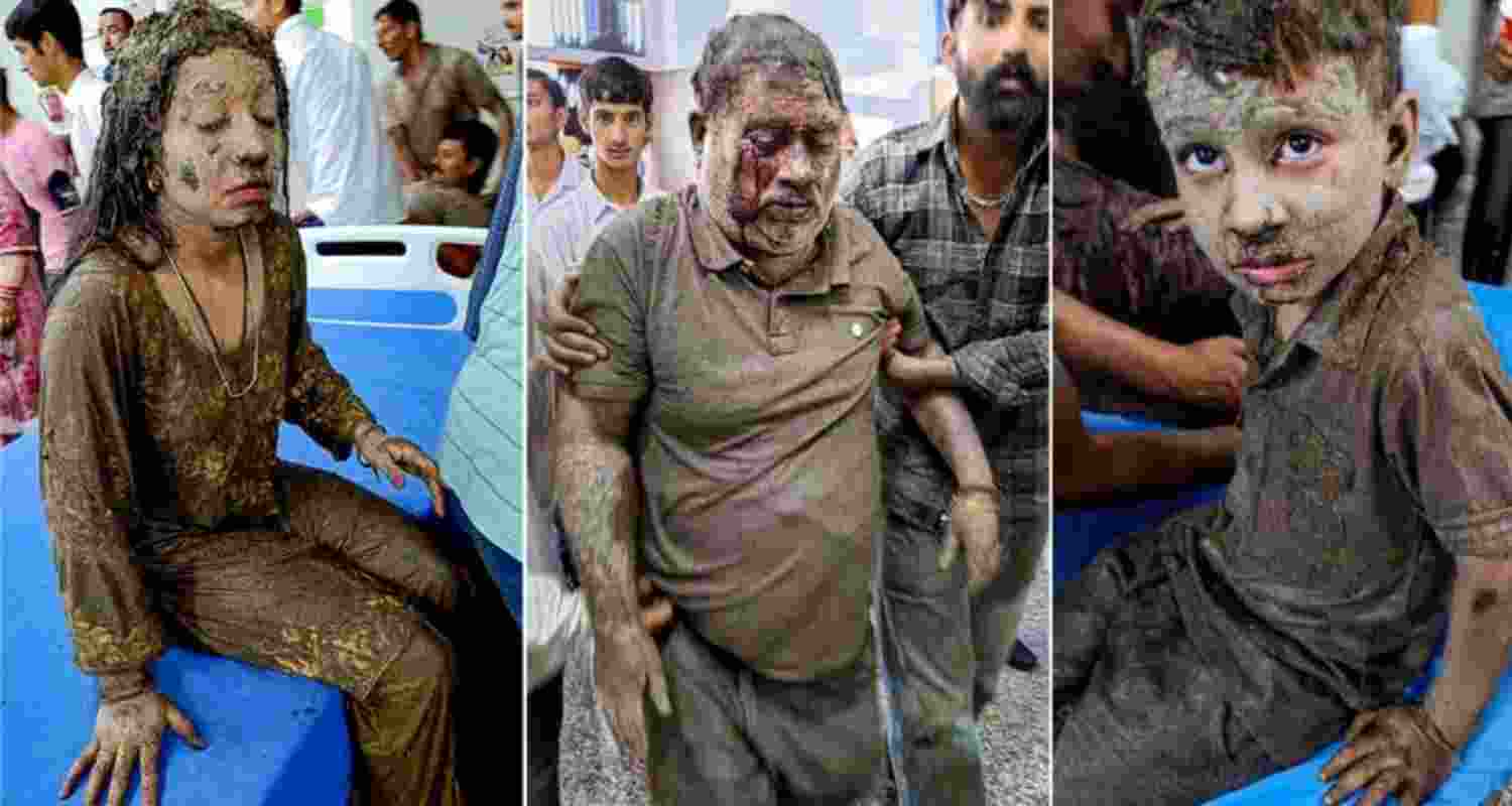 The images show injured persons, including a six-year old child, right, being treated at a hospital at Atholi, after their rescue following a cloudburst, in Kishtwar district, Jammu and Kashmir. 