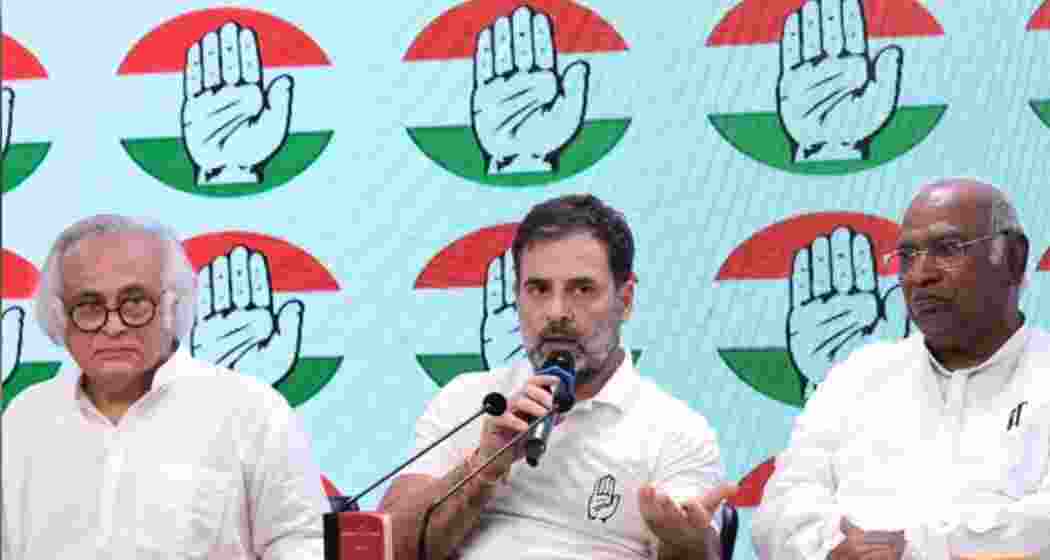 (From right to left) Congress president Mallikarjun Kharge, former party chief Rahul Gandhi and general secretary Jairam Ramesh.