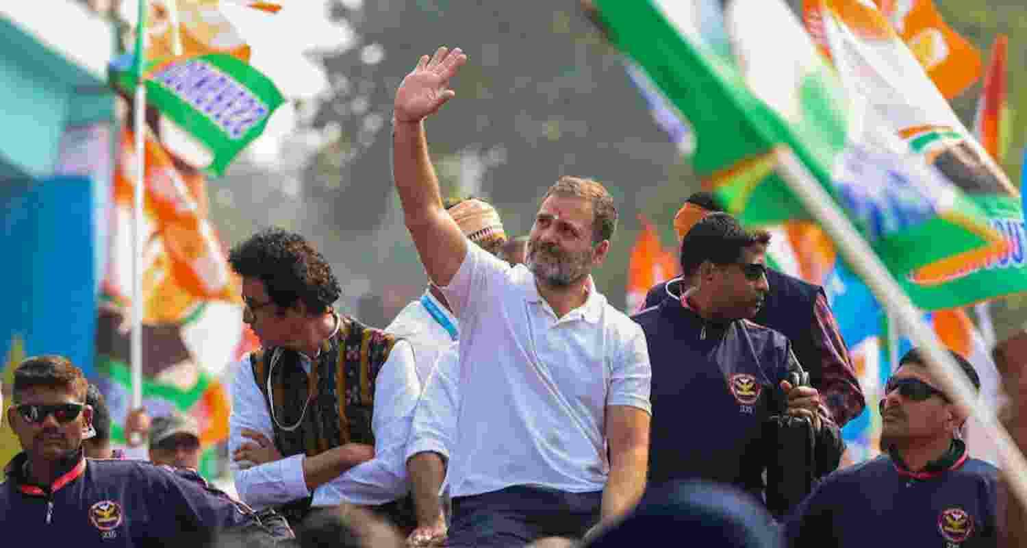 Congress leader Rahul Gandhi waves to the crowd during his Bharat Jodo Nyay Yatra. 