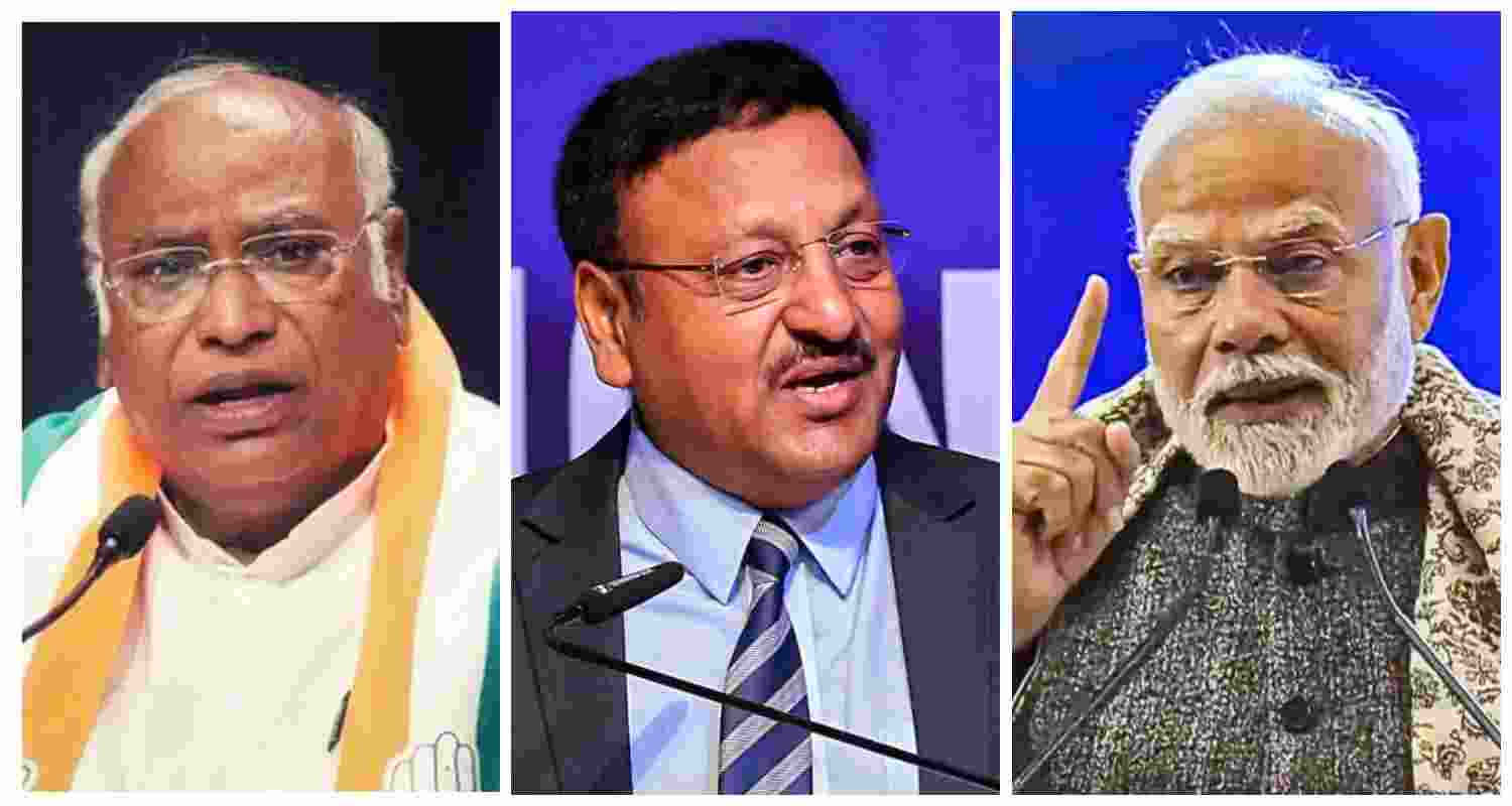 Congress president Mallikarjun Kharge (L), Chief Election Commissioner of India Rajiv Kumar (C), Prime Minister Narendra Modi (R).
