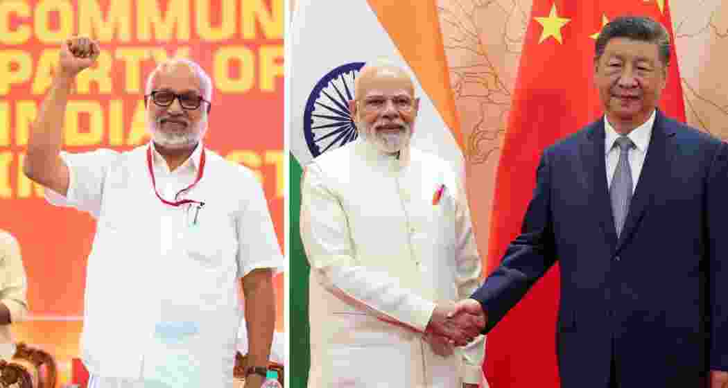 MA Baby, CPI(M) General Secretary, during a public gathering (L). Prime Minister Narendra Modi and Chinese President Xi Jinping at the SCO summit on Sunday (R). 