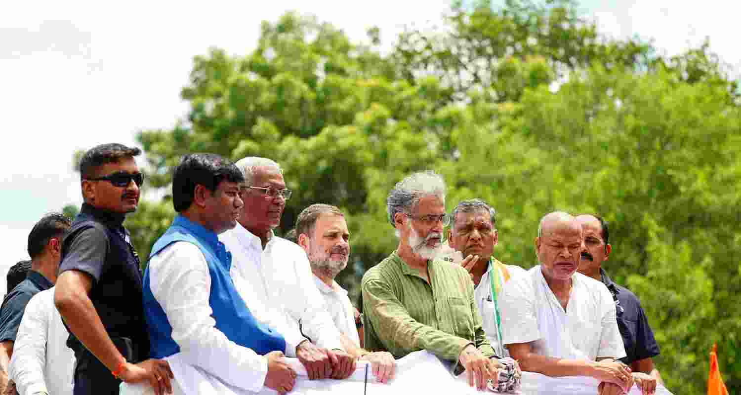 Dipankar Bhattacharya (in green) with Rahul Gandhi and INDIA bloc leaders.