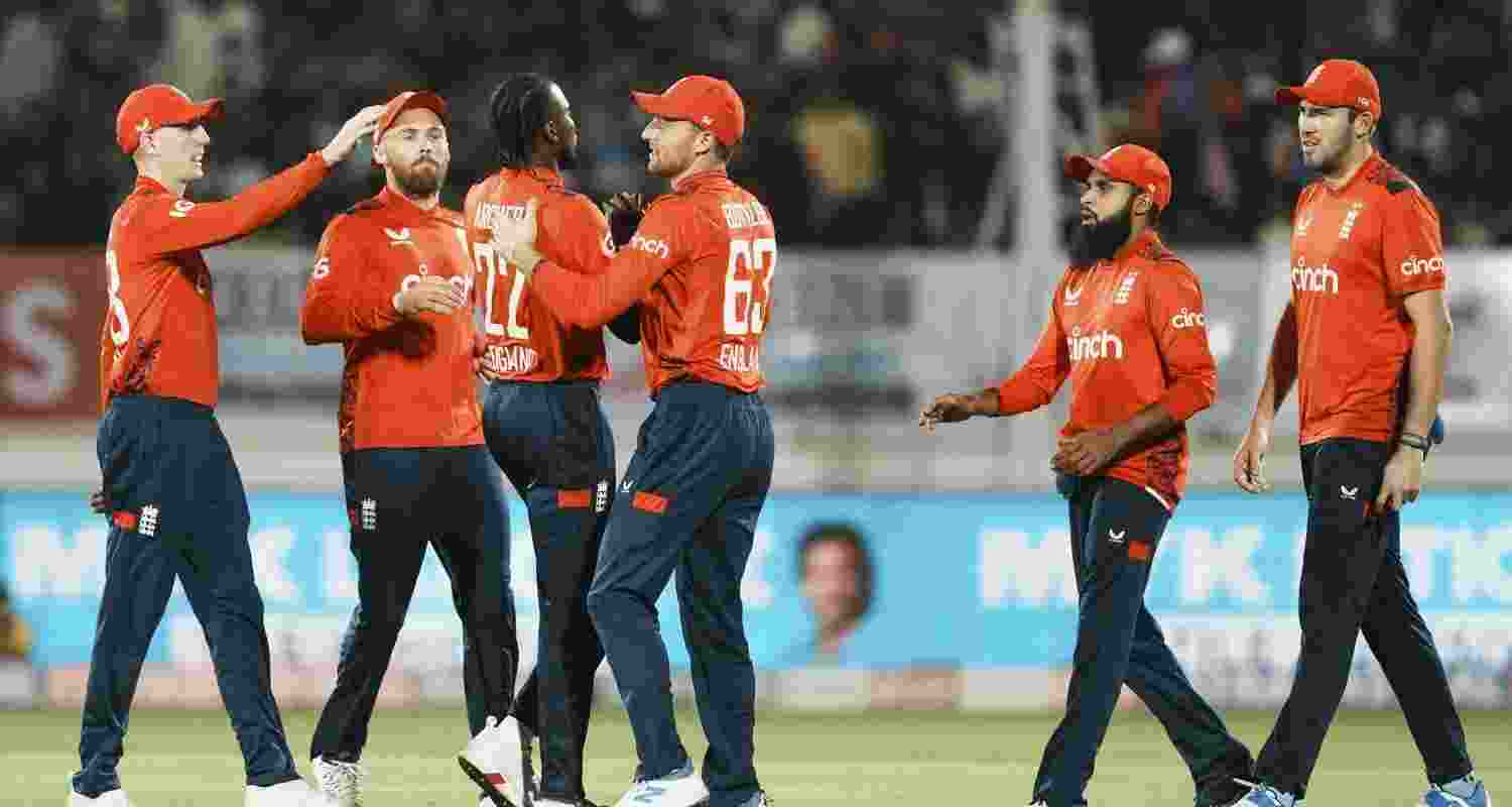 England pacer Joffra Archer celebrates a wicket during the 3rd India-England T20, played in Rajkot, Gujarat on Tuesday.