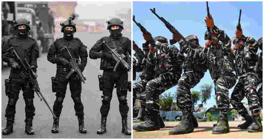 National Security Guard (NSG) commandos (L), Central Reserve Police Force (CRPF) (R).