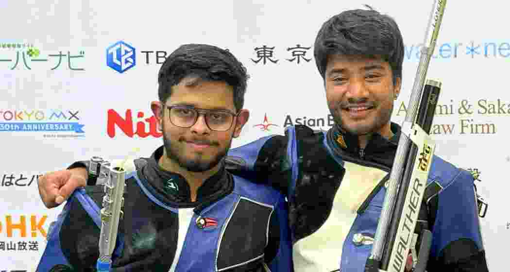 Dhanush Srikanth with compatriot Mohammed Murtaza Vania after their win in the 10m air rifle event at the Tokyo Deaflympics on Sunday. 